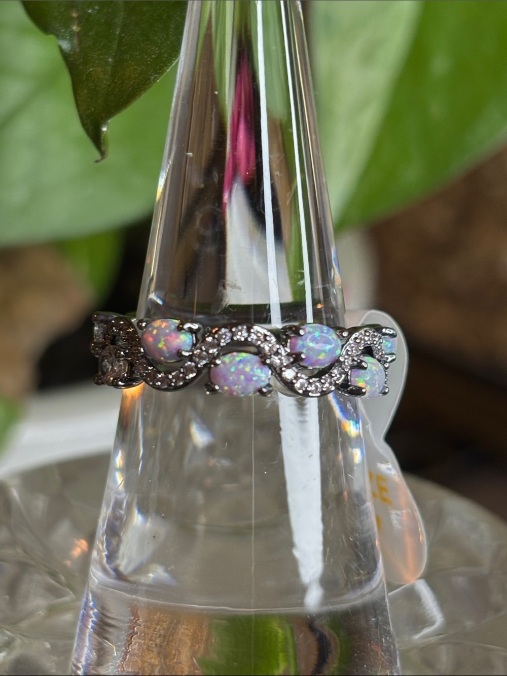Opal Wave Band Ring with Pavé Accents - Iridescent Opal